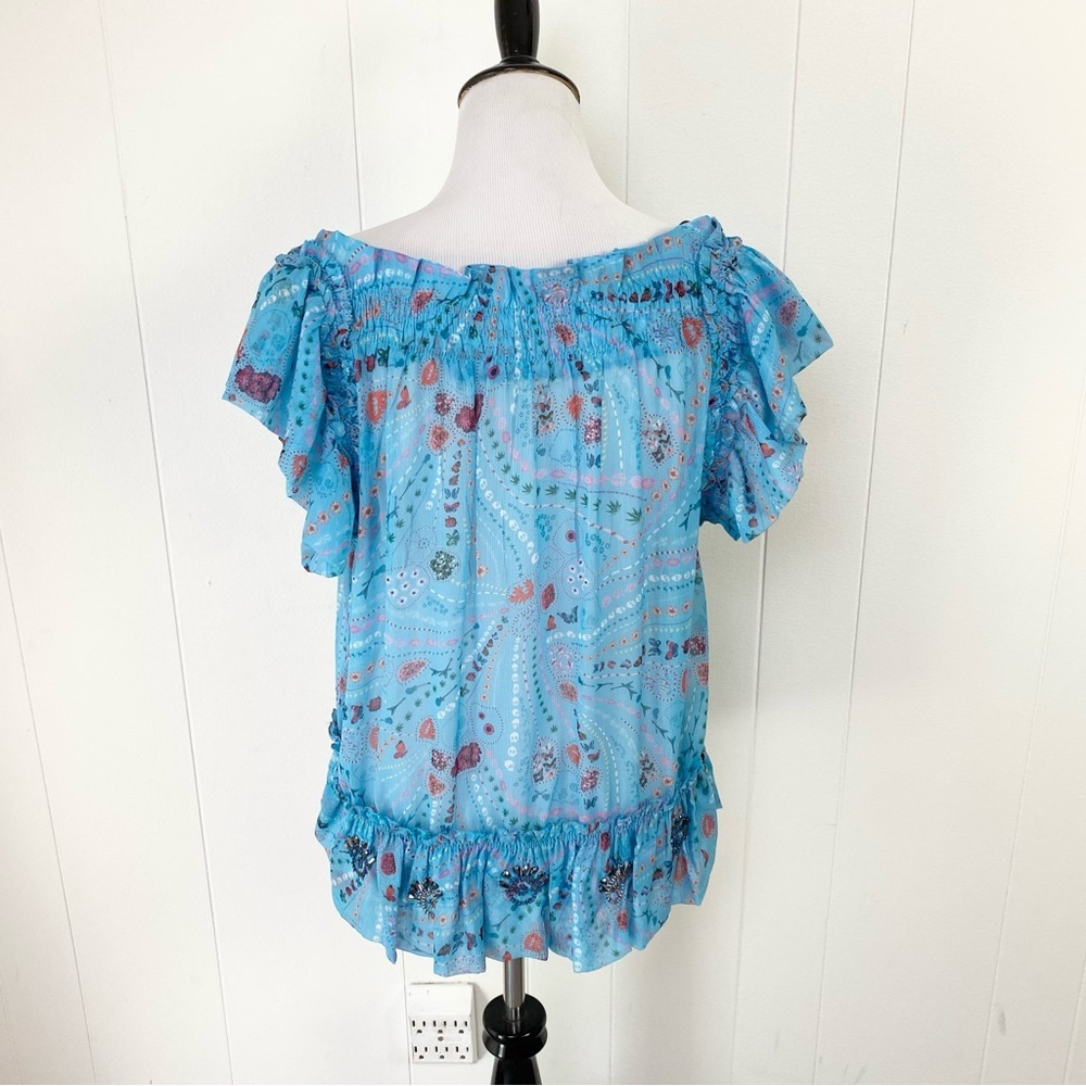 Zadig & Voltaire Tutti Print Psyche  Ruffle Sheer Top SZ XS Blue Novelty Print - Picture 3 of 16